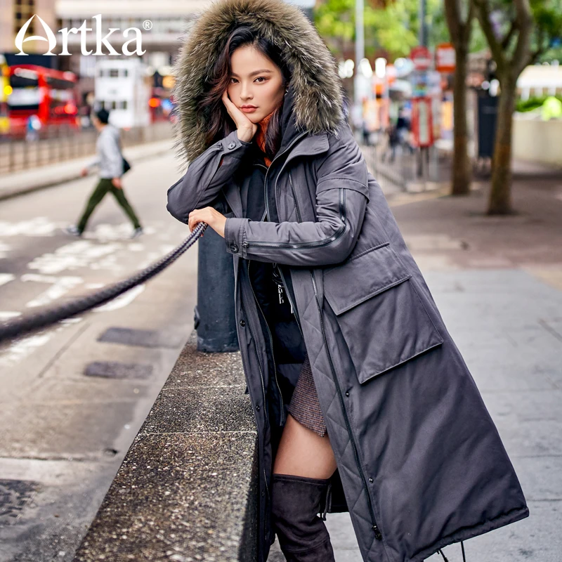 

ARTKA 2018 New City Series Women Winter Raccoon fur Collar medium Long Parker military uniform Duck Down Coat Jacket JY17033