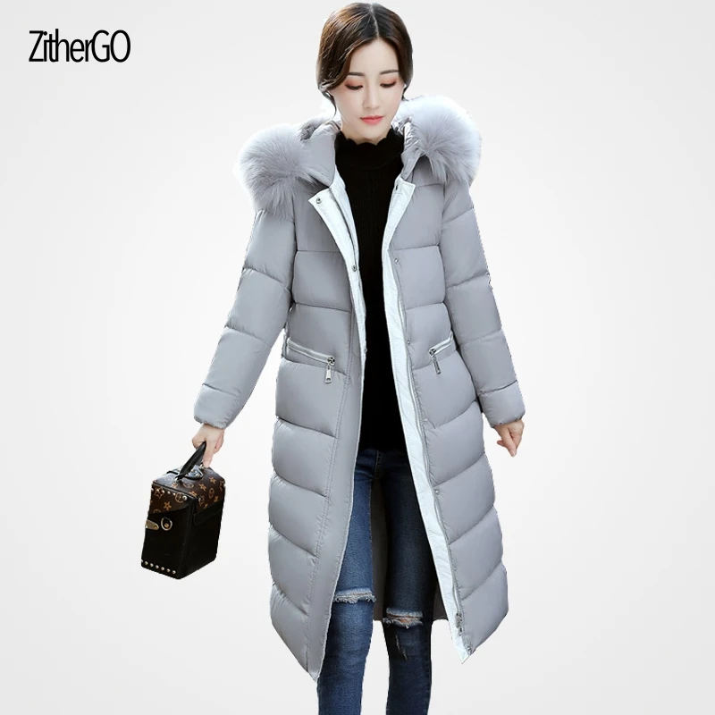 

Winter ladies thick coat in the long section of pure color hooded with fur collar long sleeve warm jacket casual woman outerwear