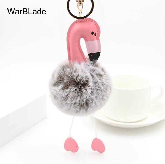 New Flamingo Pompom Keychain Fluffy Fake Rabbit Fur Ball Key Chain Porte clef Women Car Bag pompon Key Ring Accessories