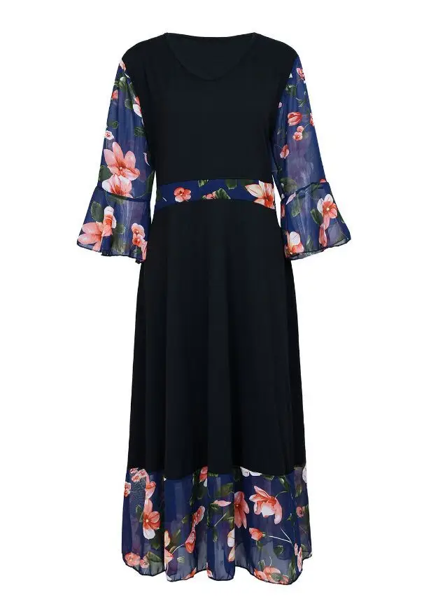 Женское платье Aovica большого размера 3XL, винтажное платье на молнии с цветочным принтом, Туника А-силуэта, платья размера плюс для женщин 4XL 5XL - Цвет: Синий