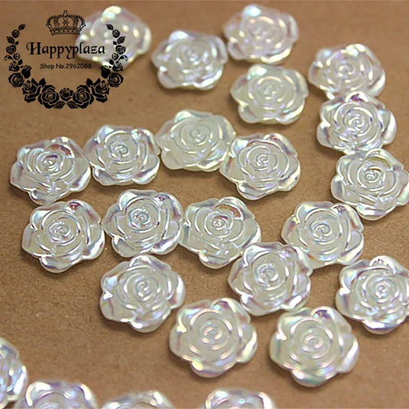 100pcs 12mm Resin ABS Imitation Pearls AB Color Rose Flower Flat Back