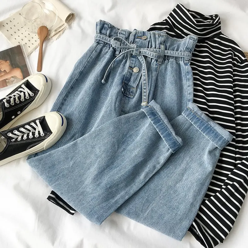 Korean Fashion Blue Jeans Woman Vintage Washed High Waist Jeans Female Casual loose Elastic Waist Pockets Denim Pants Woman Korean Fashion Blue Jeans Woman Vintage Washed High Waist Jeans Female Casual loose Elastic Waist Pockets Denim Pants Woman
