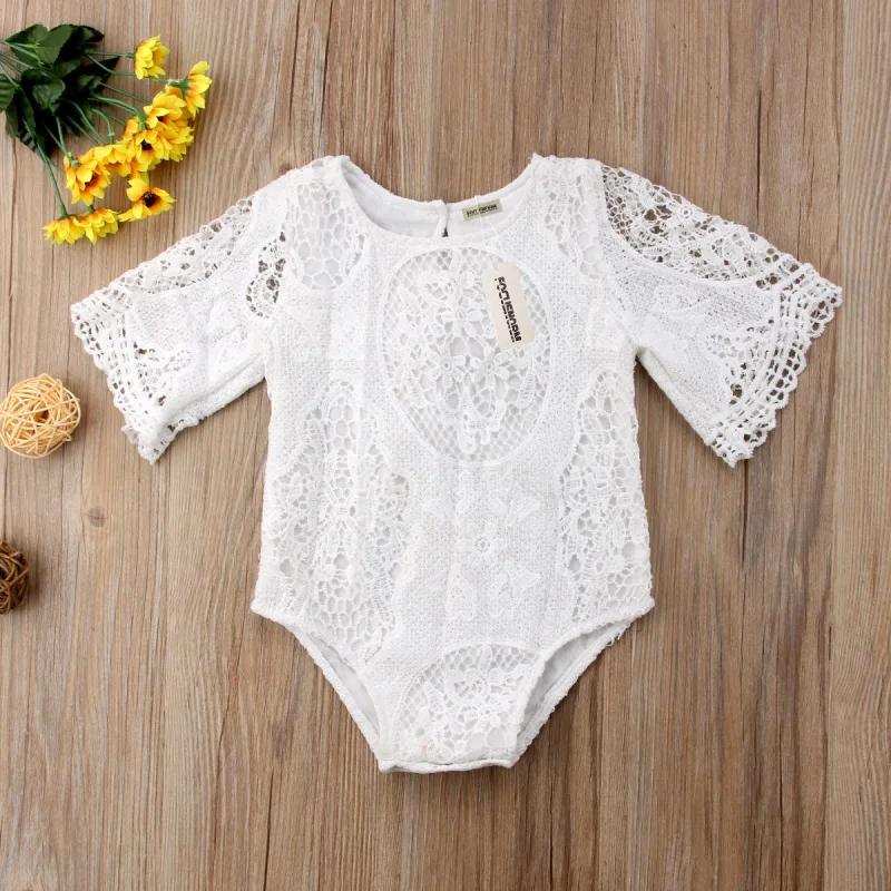 

Newborn Baby Girls Lace Horn sleeve Romper Jumpsuit Outfits Clothes Baby Girl Lace Hollow Out Romper White