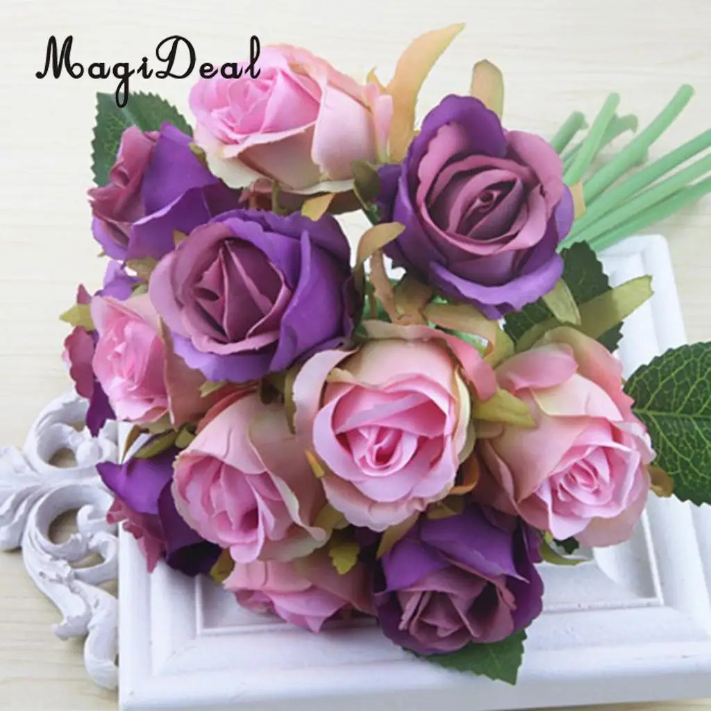 MagiDeal Artificial 12 Branch 25cm Rose Flower Bush Home Decor Wedding Floral Bouquet Potted Table Top Desk Centerpiece