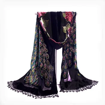 

Vintage Peacock 100% Velvet Silk Scarves Chinese Style Women's Beaded Embroidery Shawl Scarf Wrap Long Fringle Pashmina Stole