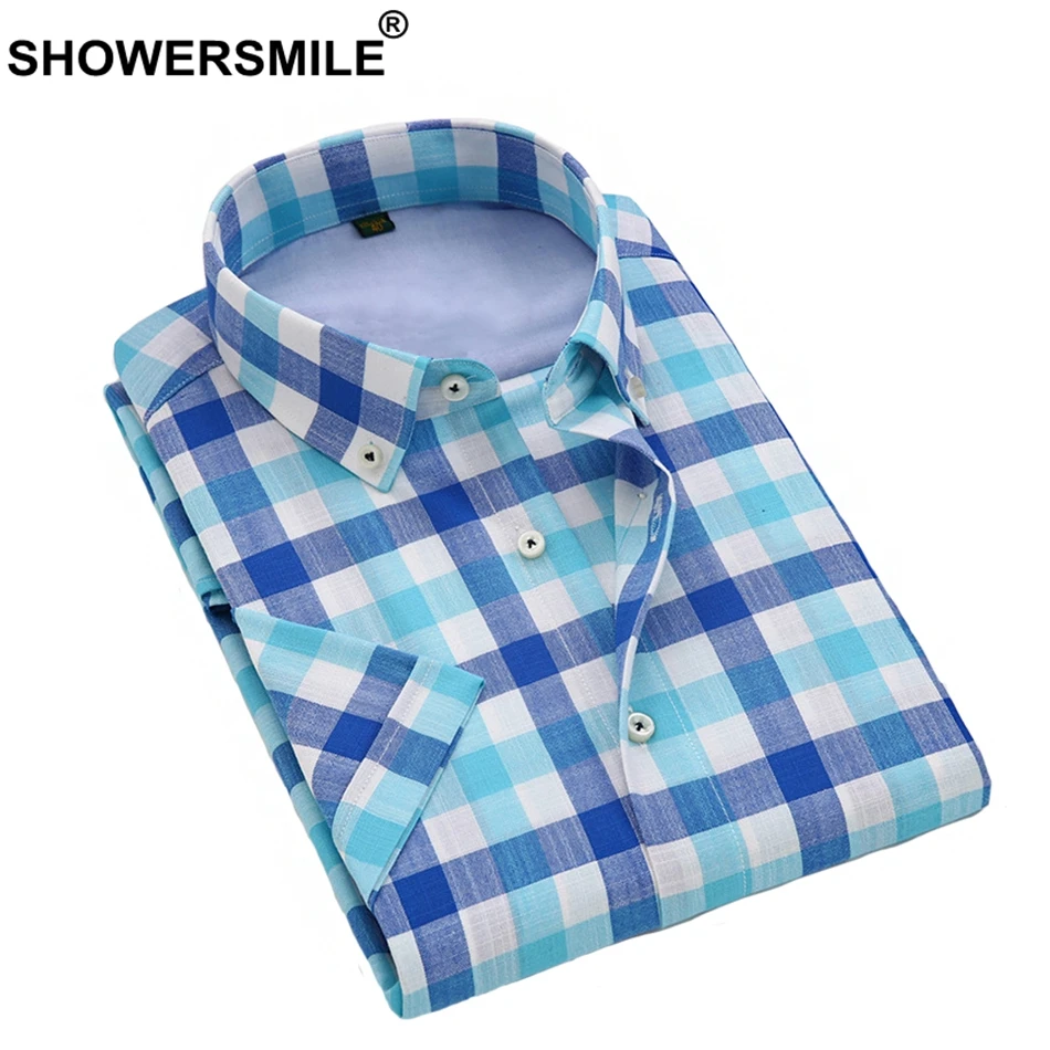 

SHOWERSMILE Mens Modal Shirts Short Sleeve Plaid Blue Mens Checkered Shirts Summer Non Iron Men Business Shirt Brand Clothing