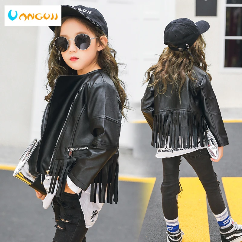 2018 autumn baby pu jacket girls fringed zipper cool jacket Leather