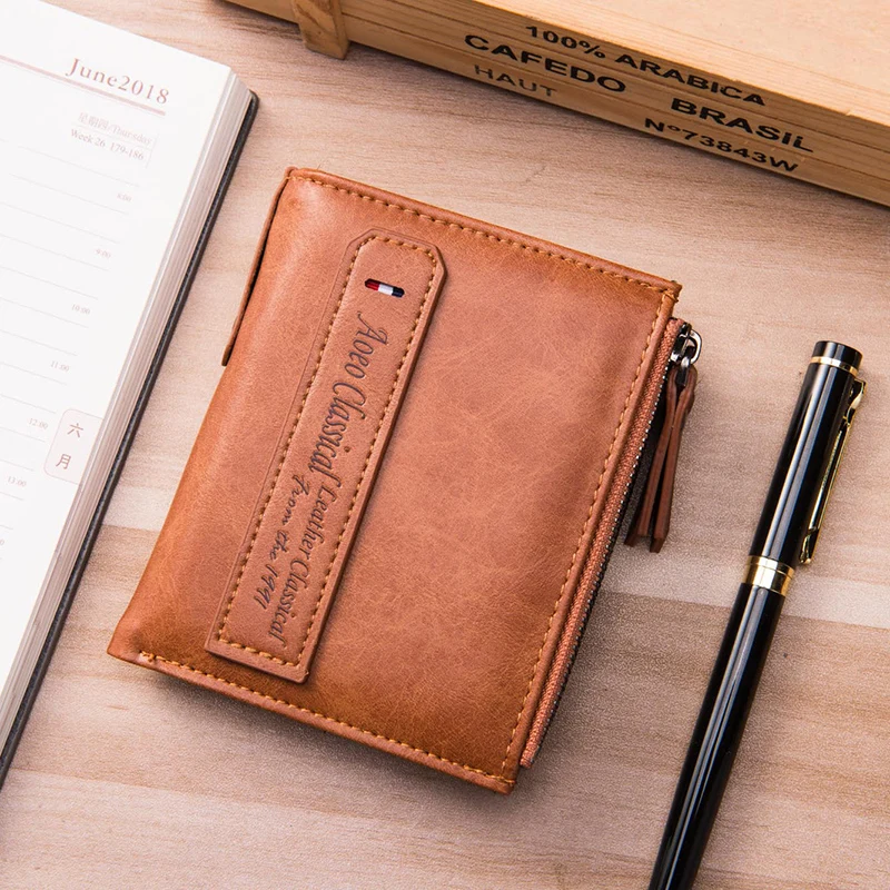 

AOEO Male Wallet Men Small Double Zipper Pochette Slim Mini Wallets With Coin Pocket Purses Money Bag Business Men's Purse