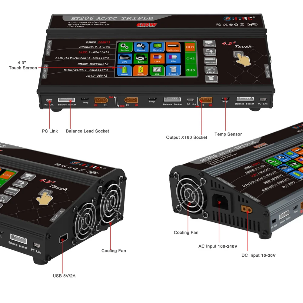 Баланс Зарядное устройство HT206 AC/DC три порта 200 Вт* 3 20A 4," цветной сенсорный ЖК-экран для Lilon/LiPo/LiFe/LiHV/Nicd/NiMh PB батареи