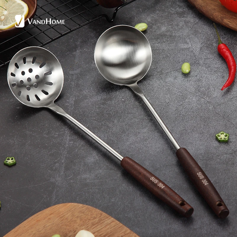 

VandHome 304 Stainless Steel Soup Ladle Colander Kitchen Cooking Utensils Non-Slip Wooden Handle Kitchenware Kitchen Gadgets