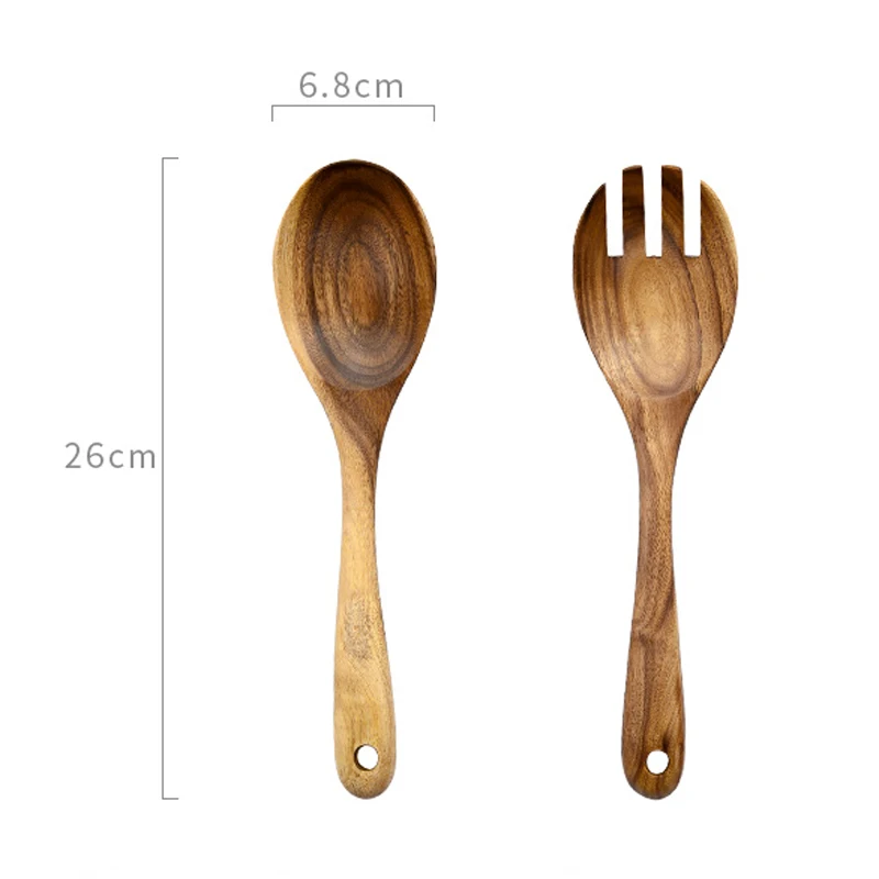 Natural Kitchen Wooden Spoon Set Large Salad Dinner Serving Spoons Server Wood Fork Spoon Cutlery Set Wooden Utensils Tableware (4)