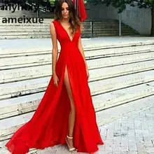 Wellbridal красный разрез Выпускные платья Длинные глубокий v-образный вырез без рукавов шифон формальное вечернее платье дешевое вечернее платье кафтан