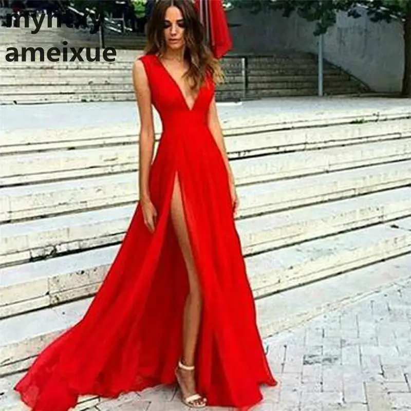 

Wellbridal 2019 Red Slit Prom Dresses Long Deep V-neck Sleeveless Chiffon Formal Evening Party Dress Cheap Evening Gown Caftan