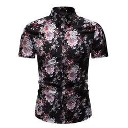 Мужская рубашка Летняя Пляжная Гавайская Мужская рубашка с коротким рукавом Футболка с цветочным принтом Праздничная Вечеринка Camisa Hawaiian