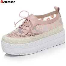 ASUMER/черные, розовые, белые весенне-осенние новые повседневные женские туфли на плоской платформе с круглым носком и шнуровкой; grenadine+ коровья кожа