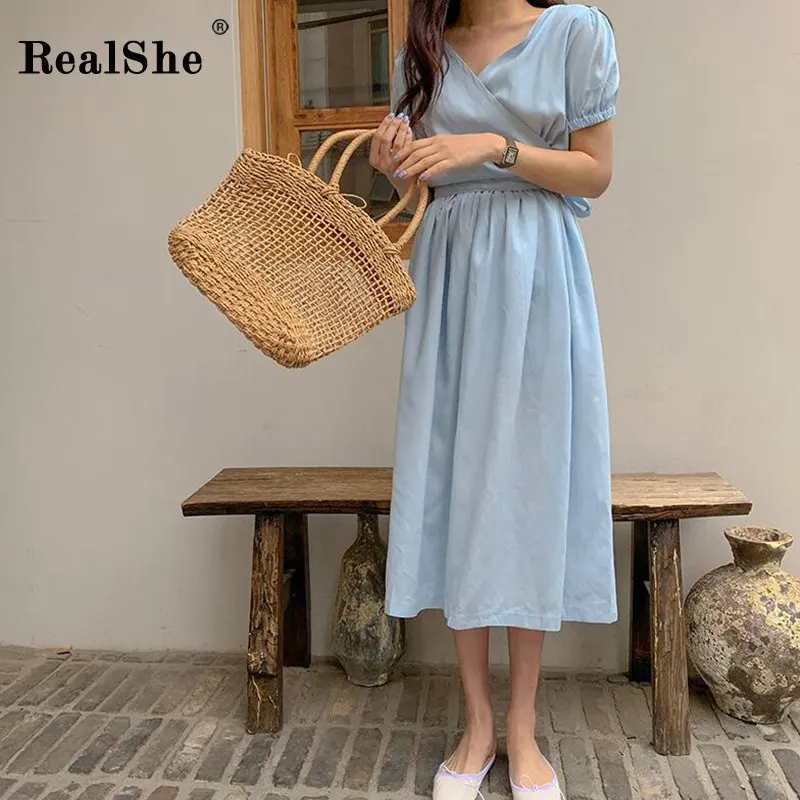 

RealShe New Ladies Dress Women V-Neck Short Sleeve Bandage Solid Dress Robe Longue Femme Summer Elegant Streetwear Loose Dresses