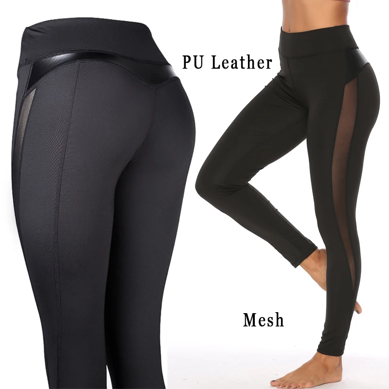 Black Mesh Booty Sport Pants Women PU Leather Patchwork Skinny Pants Women Leggins Push Up Workout Sport Yoga Leggings