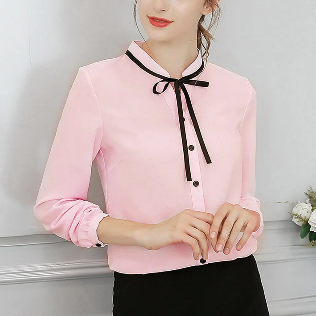 SAGACEC, однотонная женская рубашка с бантом, блузки для женщин с VNeck и длинным рукавом, элегантная женская одежда, Женская офисная блузка
