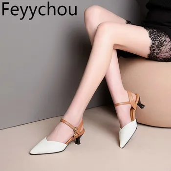 

Women Sandals Med Heel Pointed Toe Thick Heels Buckle Pu Ankle-Strap Mixed-colors 2019 New Sexy Fashion Casual Black Size 34-43