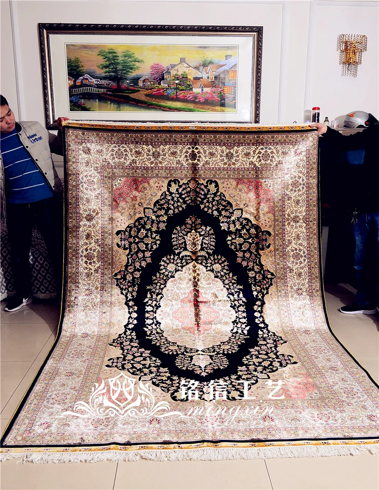 6'x9 Роскошная традиционная черный персидский коврик ручной работы Королевский ручной работы шелковый ковер