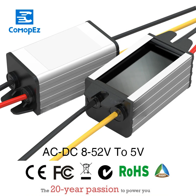 

Power Supply Converter AC/DC Step-down 8-52V to 5V 3A Waterproof Control Car Module Low Heat Auto Protection Size 54*35*21mm