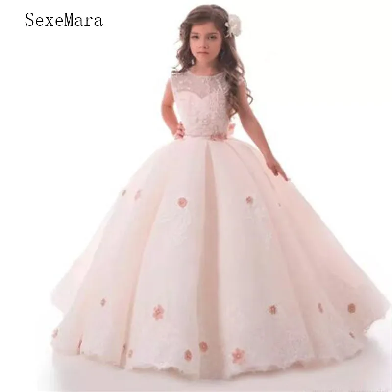 Светло-розовое платье с цветочным узором для девочек на свадьбу с кружевом 3D цветочной аппликацией платье для первого причастия без