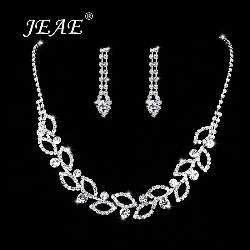 

JEAE Classic Olive Leaf Rhinestone Crystal Choker Necklace Earrings Set For Women Bride Wedding Jewelry Sets Wedding Accessories