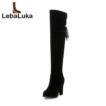 

Tuyoki Size 33-42 Women Over Knee High Heel Boots Metal Lace Long Boots Warm Shoes For Autumn Winter Long Boots Women Footwear