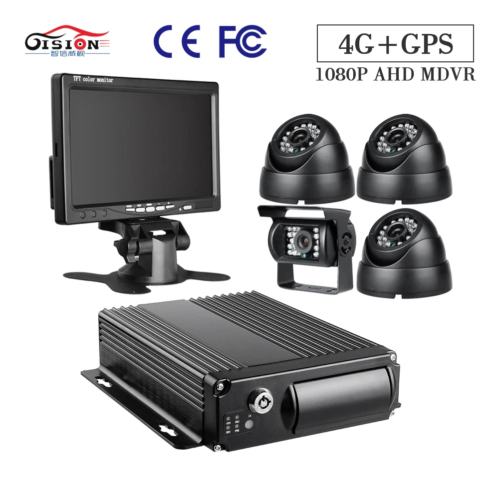 

4CH 4G 1080P SD Card MDVR GPS Track , 7-inch VGA Monitor With 4 P 2.0MP Night Vision Camera For Truck Taxi Survelliance Safety