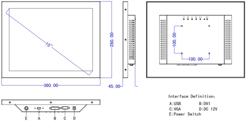 15 дюймов рамка промышленный сенсорный экран монитор с 768x1024 USB VGA DVI