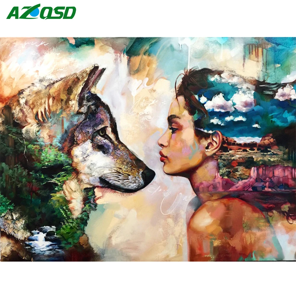 

AZQSD Diamond Mosaic Cross Stitch Portrait Needlework 5D DIY Diamond Painting Beauty&Wolf Handicraft Decor Gift bb10924