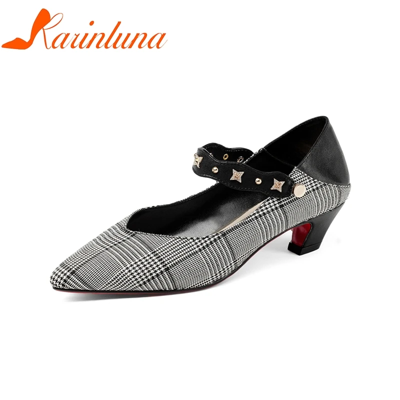 

KARINLUNA New women's Genuine Leather Buckle Strap Hoof Med Heels Pointed Toe Shoes Woman Casual Spring Pumps Size 34-39
