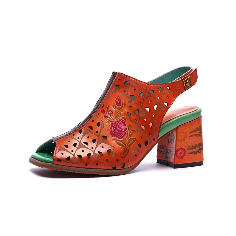 

Peep Toes Women Sandals 2019 Summer Lady Shoes High Heels Mixed Color Back Strap Handmade Retro Cut Out Female Sandals Plus Size