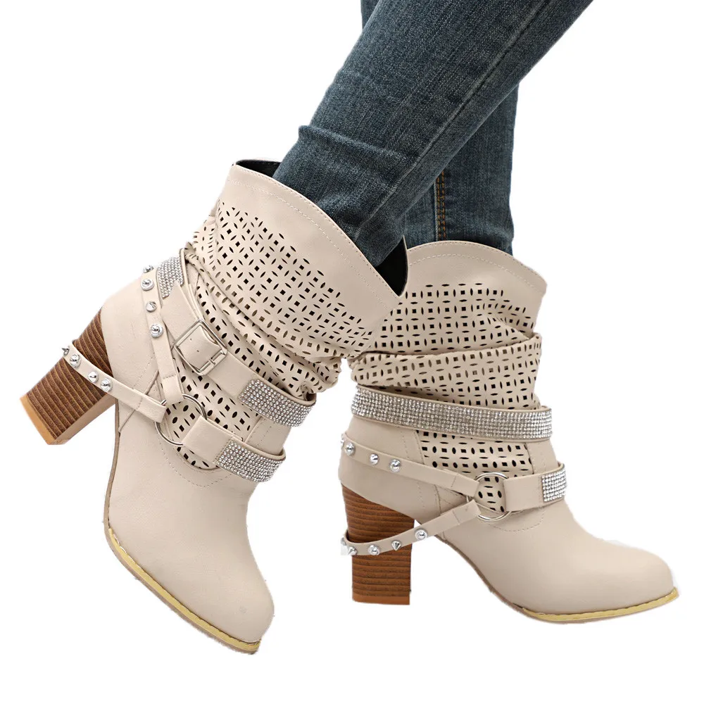 Для женщин с заклепками зимние ботинки западные кожаные ботинки модные солнцезащитные очки в стиле ретро классическая трубка обувь Туфли с ремешком и пряжкой ковбойский ремень с Мартинсы туфли на высоком каблуке