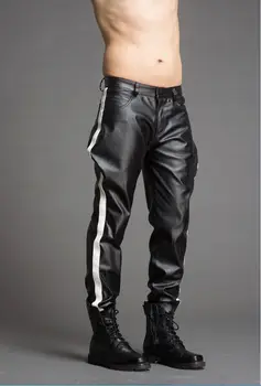 

High end customized 2019 men's new stripes leather pants fashionable personality casual leather pants