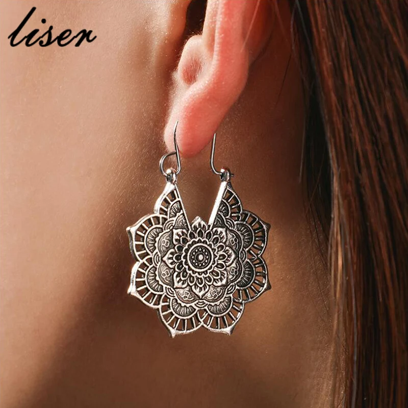 

2019 Hot Antique Silver Gypsy Indian Tribal Ethnic Hoop Dangle Mandala Earrings Boho Party Charm Earrings For Women