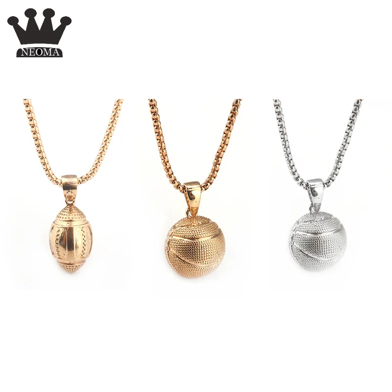 

20Pcs/Lot Sports Style 3D Basketball Pendants Necklace Sphere Kolye Charms Baseball Rugby Choker For Men Jewelry Gift