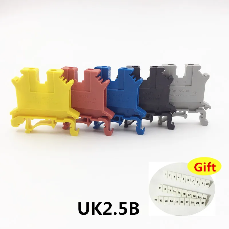 

10Pcs Terminal blocks UK2.5B DIN rail Wiring board connector terminals copper part Blue red yellow grey black colors UK-2.5B