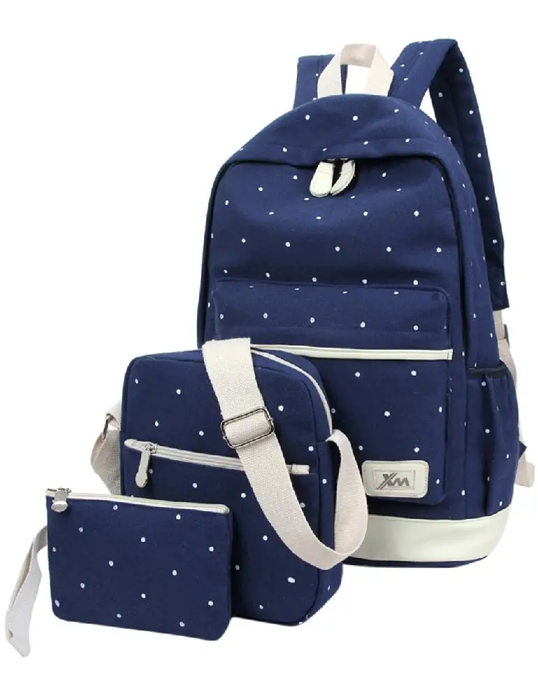 

Yfashion 3pcs/lot Preppy Style Polka Dot Canvas School Bag Set Large Capacity Female Backpacks