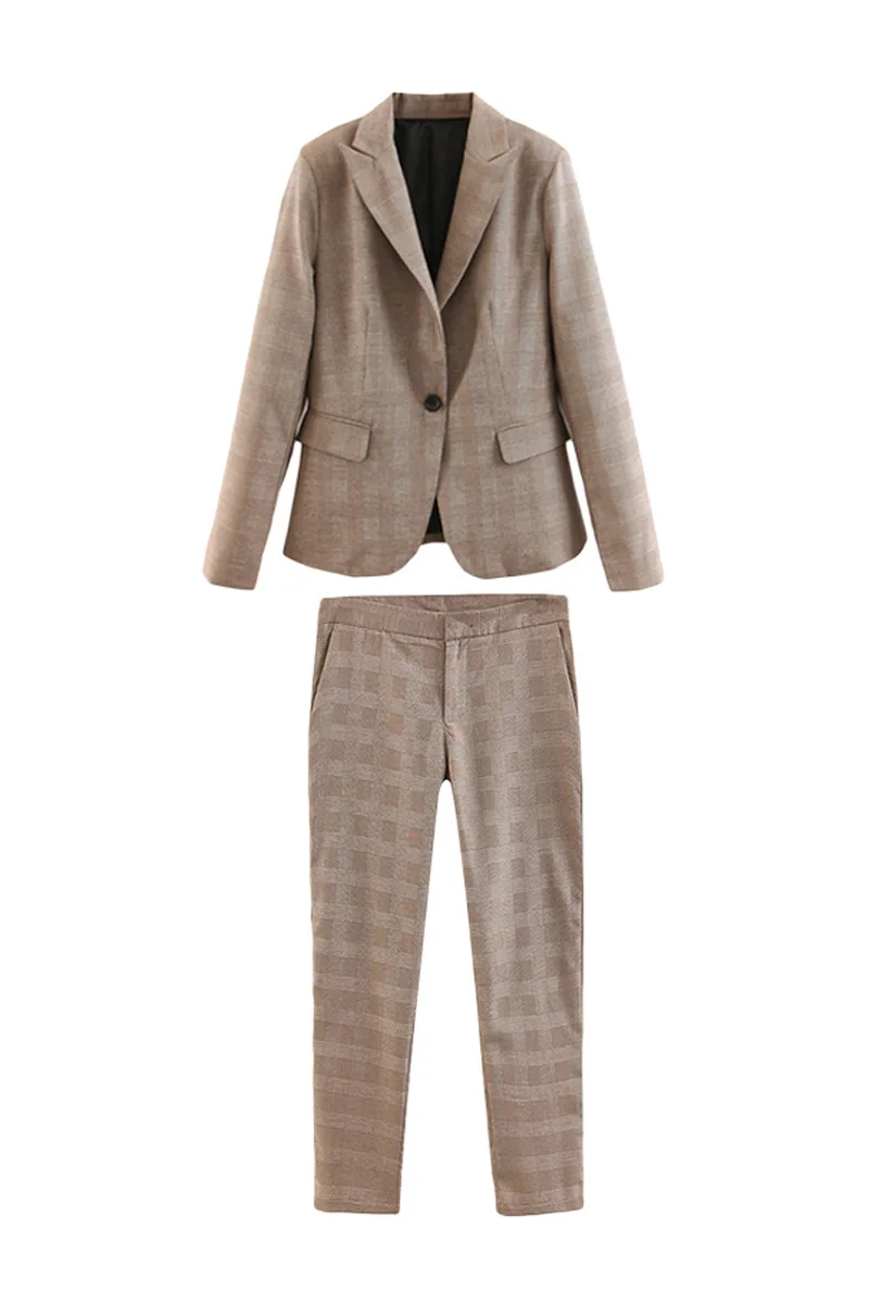Plaid Suit Set Female 2019 Spring and Autumn New Women's Plaid Slim Suit Blazer Low Waist Straight Pants Two-piece Set