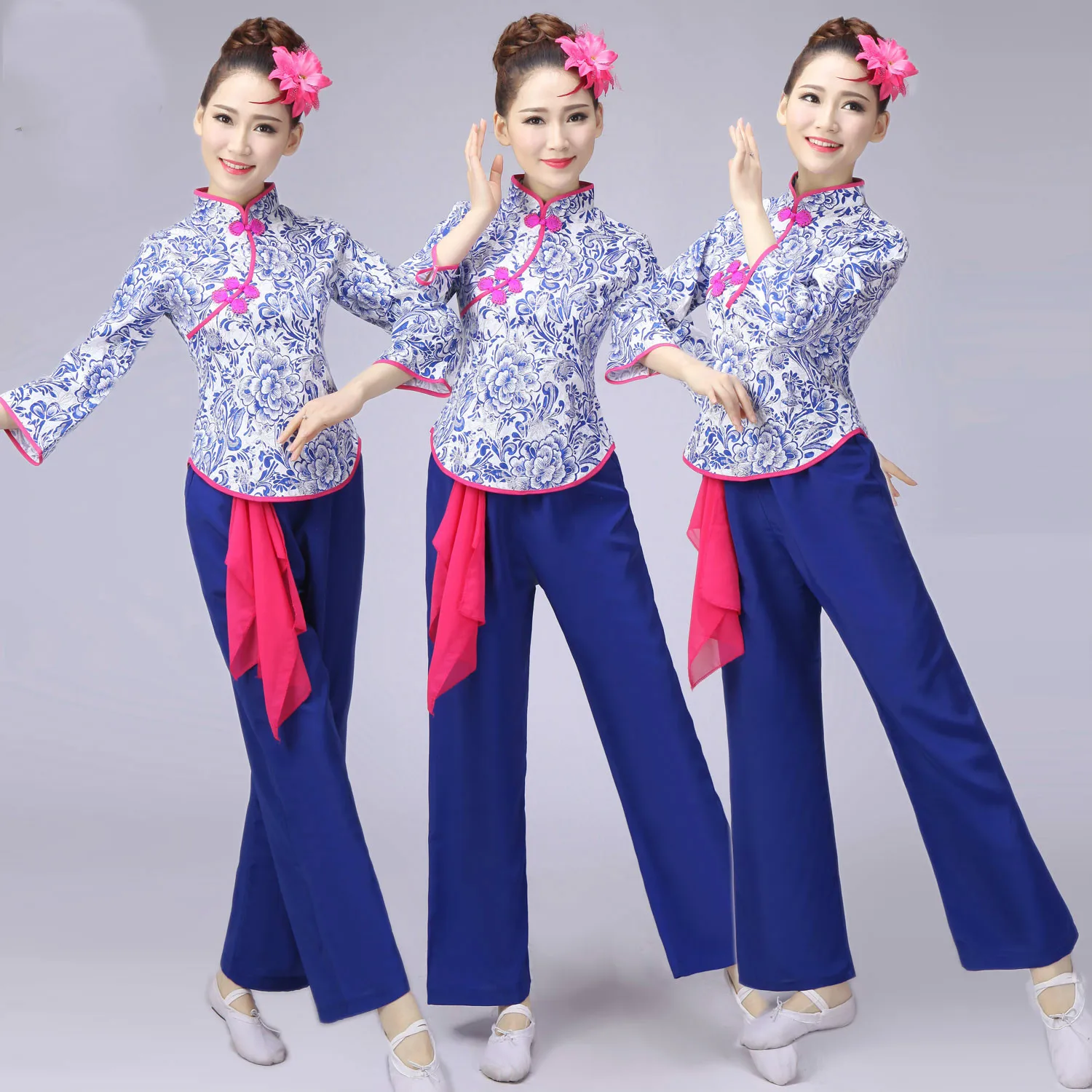  Blue and White Porcelain Women Waist Drum with Waist Handkerchief Female Yangko Dance Costume Chine
