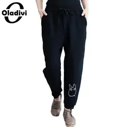 Oladivi брендовая одежда для женщин Повседневное вышитые Карманы Брюки мотобрюки эластичный пояс свободные черные Капри для девочек