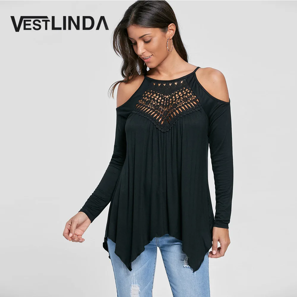  VESTLINDA 2017 Autumn Women New Fashion Blouse Casual Round Neck Cold Shoulder Handkerchief Top Fem