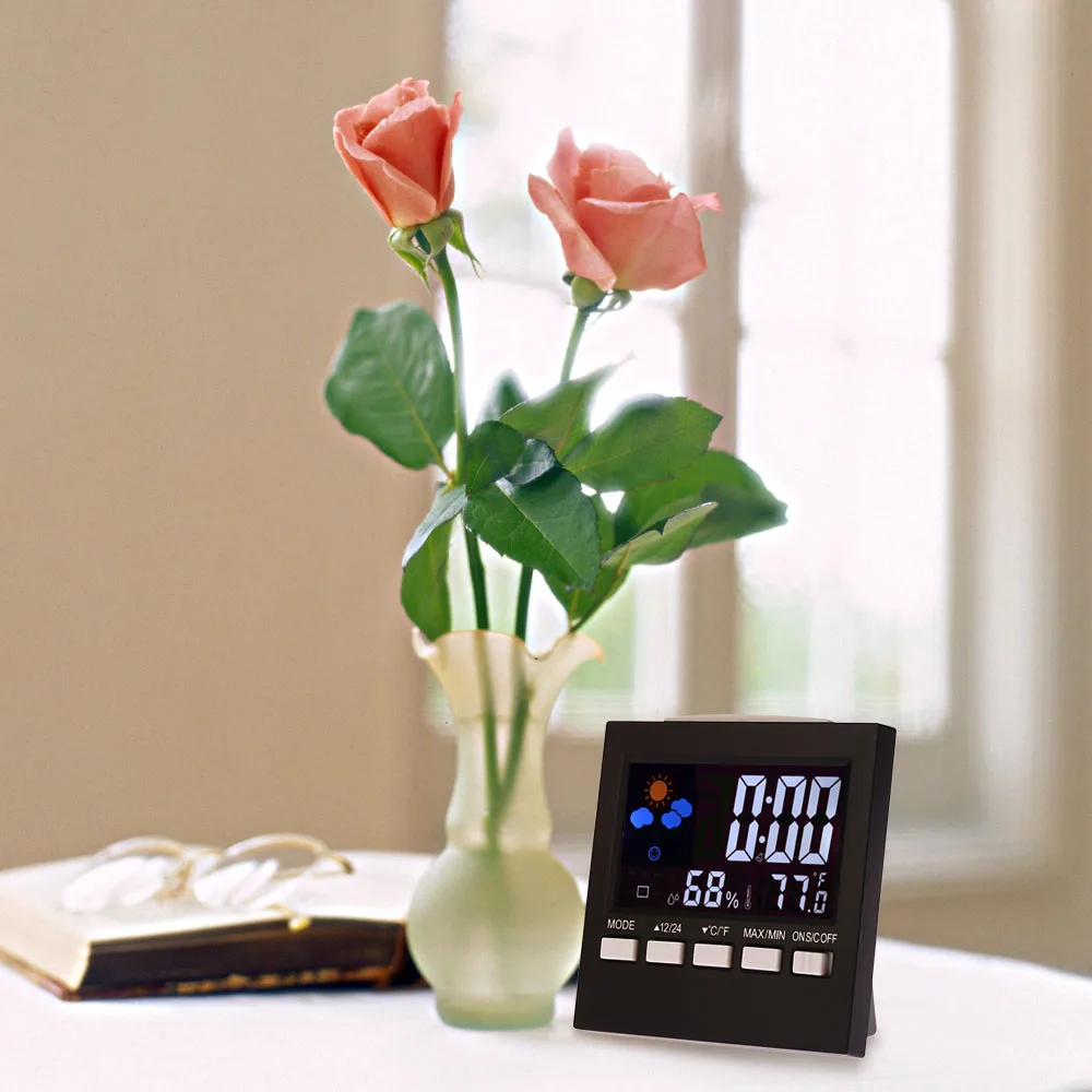 

Multi-functional Digital Thermometer Hygrometer Colorful LCD Clock Alarm Snooze Function Calendar Weather Forecast Display