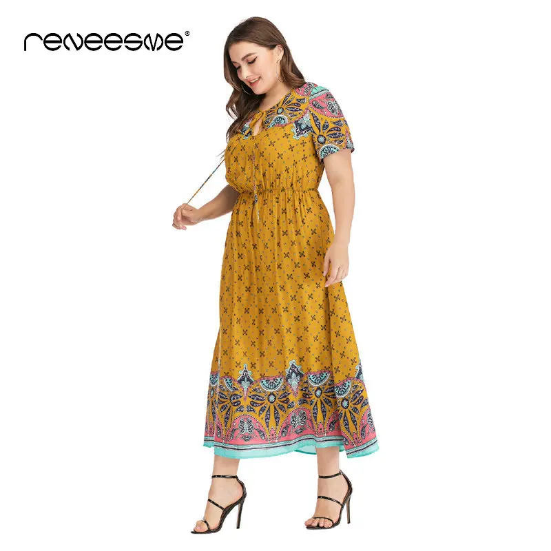 

holiday summer women dress 2019 new short sleeve lace up A line print long ladies dresses indie folk ankle-length beach vestidos