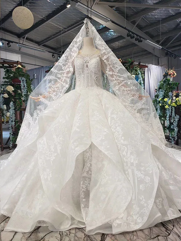 as picture HTL520 Кружева Свадебные платья с вуалью О-образным вырезом длинный рукав аппликация бальное платье Свадебные платья vestido de novia de encaje - Цвет: as picture