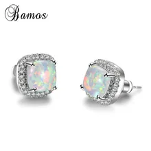 Bamos белый/зеленый/синий огненный опал серьги гвоздики для женщин Роскошные кубический цирконий Свадебные серьги модные геометрические ювелирные изделия