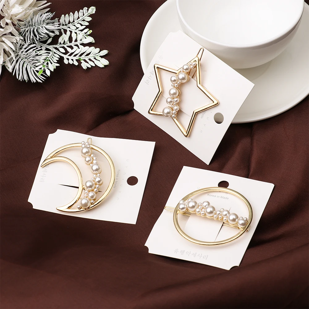 

Cute Imitiation Pearl Star Moon Shape Hairpins Metal Gold Color Hair Clips Hair Styling Accessories for Women Girls