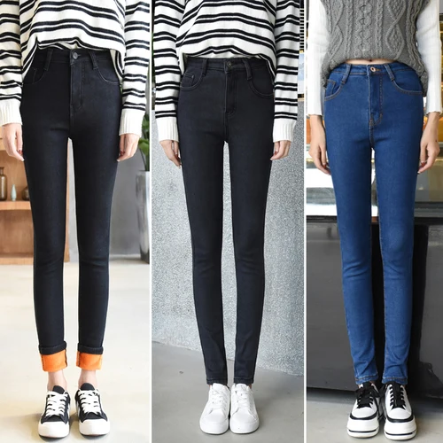 Винтажные джинсы для женщин, зимние теплые флисовые узкие брюки-карандаш, женские джинсы с высокой талией, плотные женские джинсы размера плюс