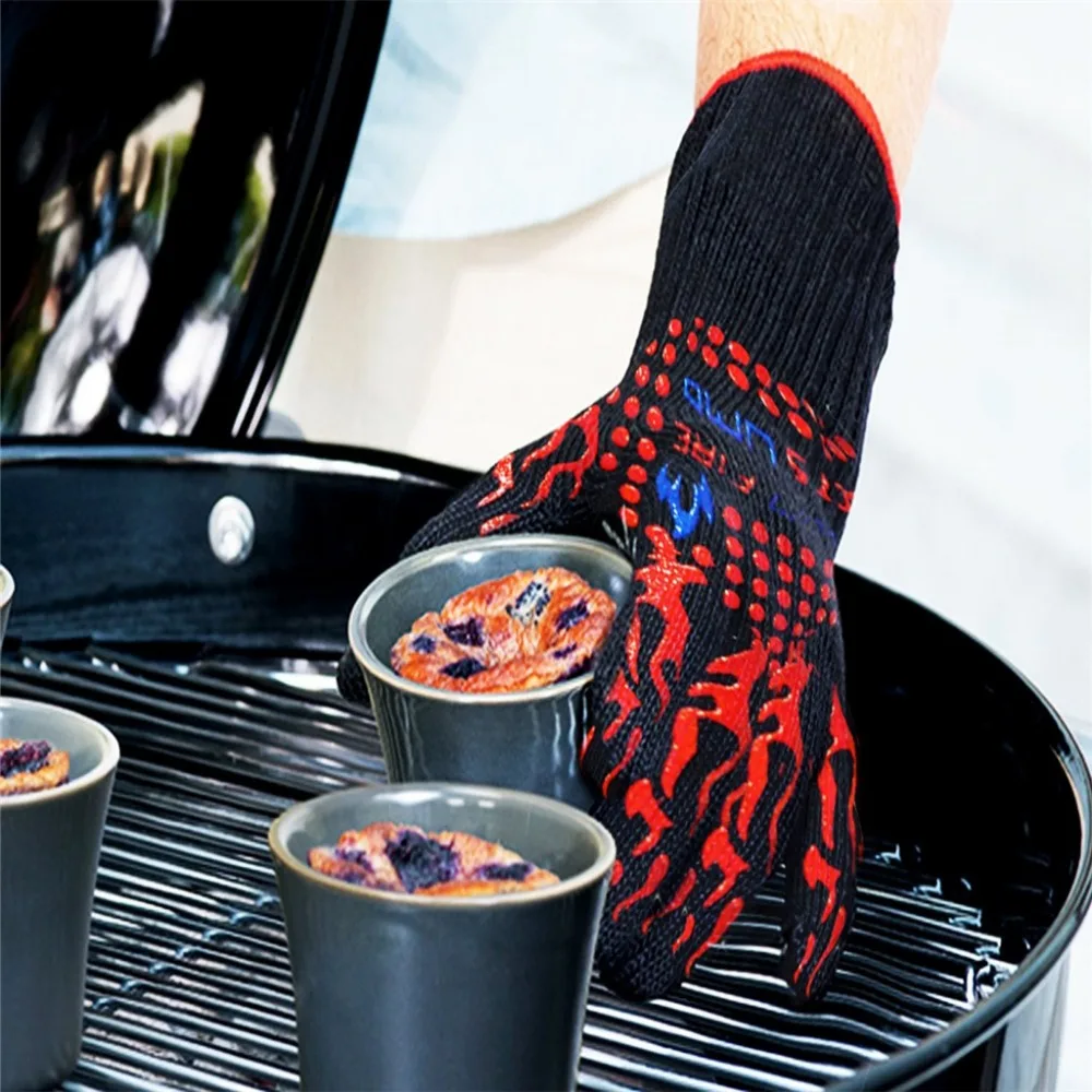 Горячая термостойкие перчатки для духовки, перчатки для барбекю С нескользящими силиконовыми захватами, рукавицы для духовки, противопожарные перчатки